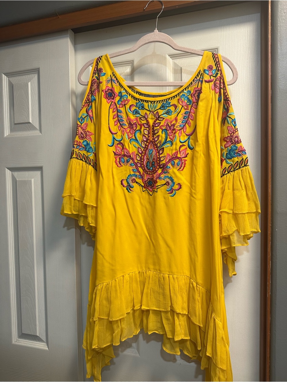 Vintage Yellow Embroidered Cold-Shoulder Mini Dress